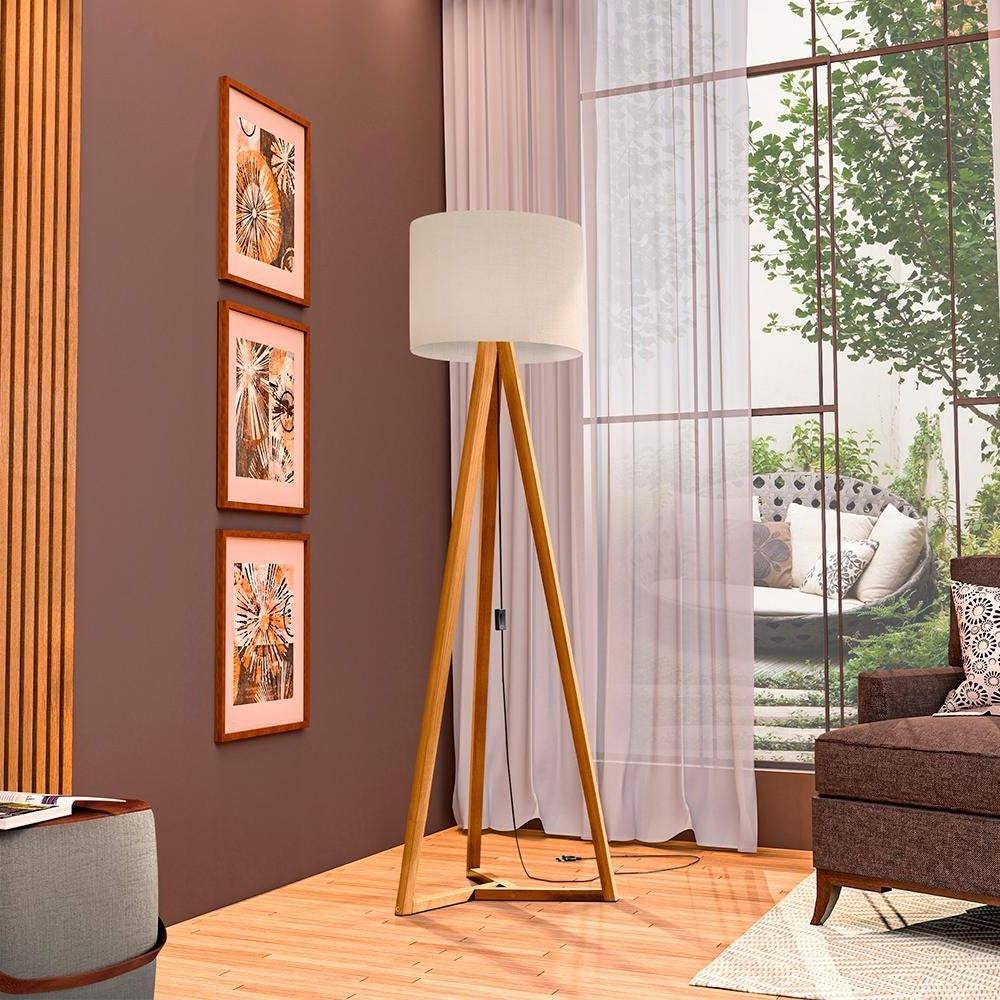 Rustic Floor Lamp with Off-White Fabric Shade