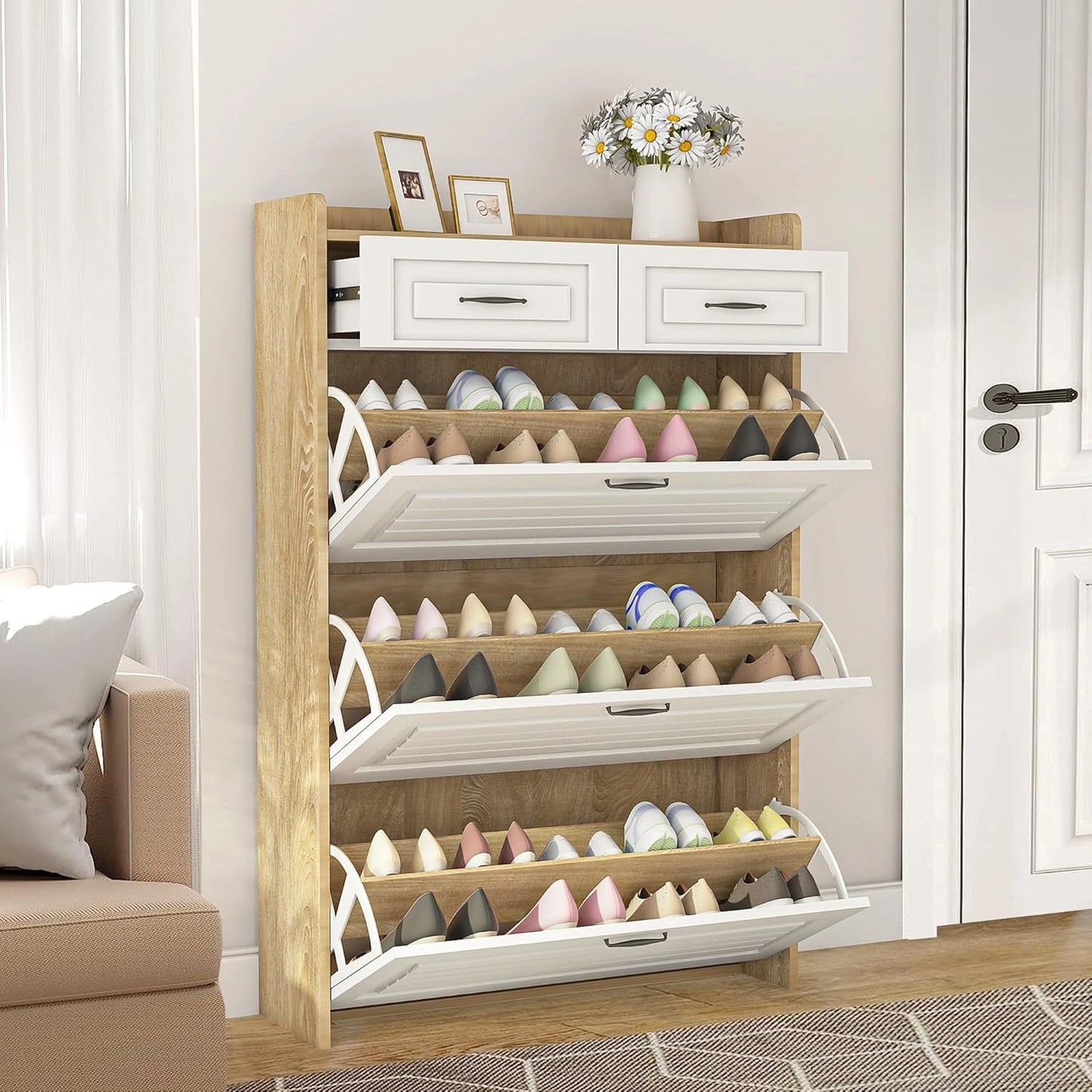 Shoe Storage Cabinet with 3 Large Flip-Down Drawers and 2 Storage Drawers