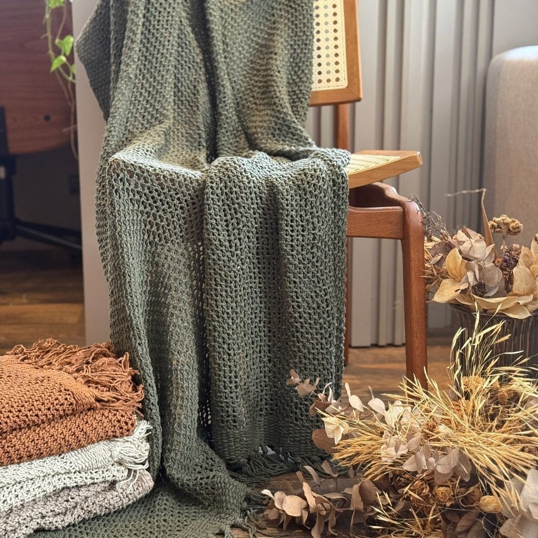 Green Cotton Throw Blanket for Sofa and Bed