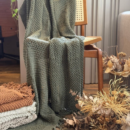 Green Cotton Throw Blanket for Sofa and Bed