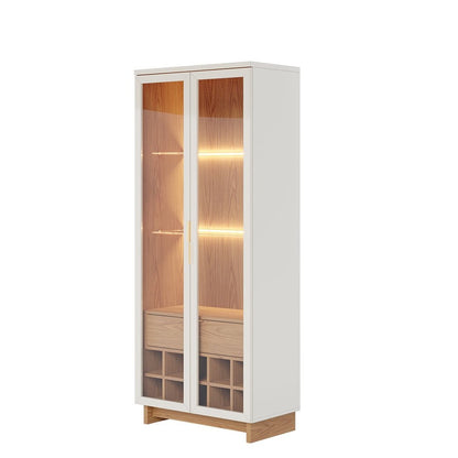 Glass Door Dining Cabinet with Wine Storage and LED Lighting