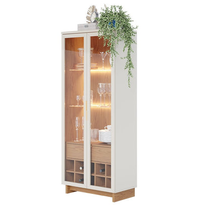 Glass Door Dining Cabinet with Wine Storage and LED Lighting