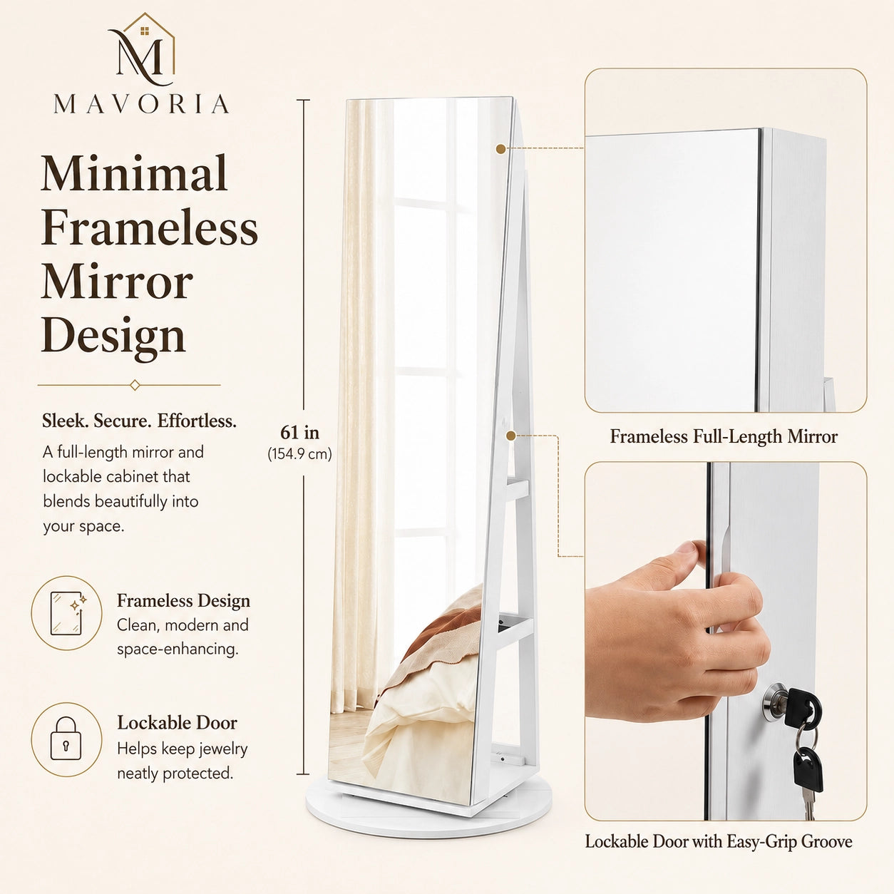 Mirror Jewelry Cabinet Lockable 6-LED