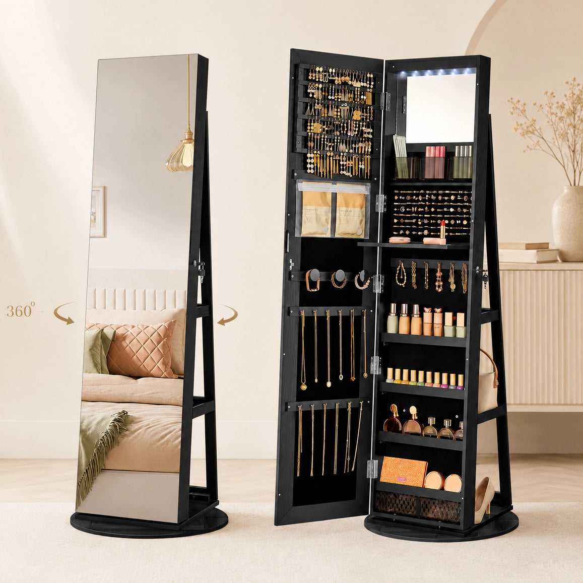Mirror Jewelry Cabinet Lockable 6-LED