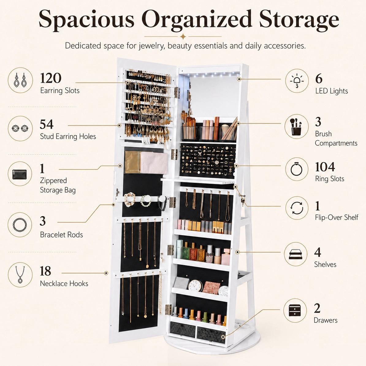 Mirror Jewelry Cabinet Lockable 6-LED