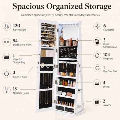Mirror Jewelry Cabinet Lockable 6-LED