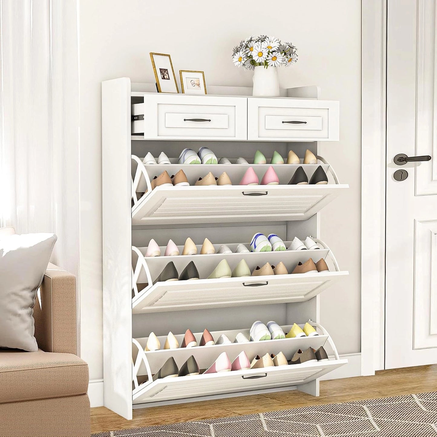 Shoe Storage Cabinet with 3 Large Flip-Down Drawers and 2 Storage Drawers