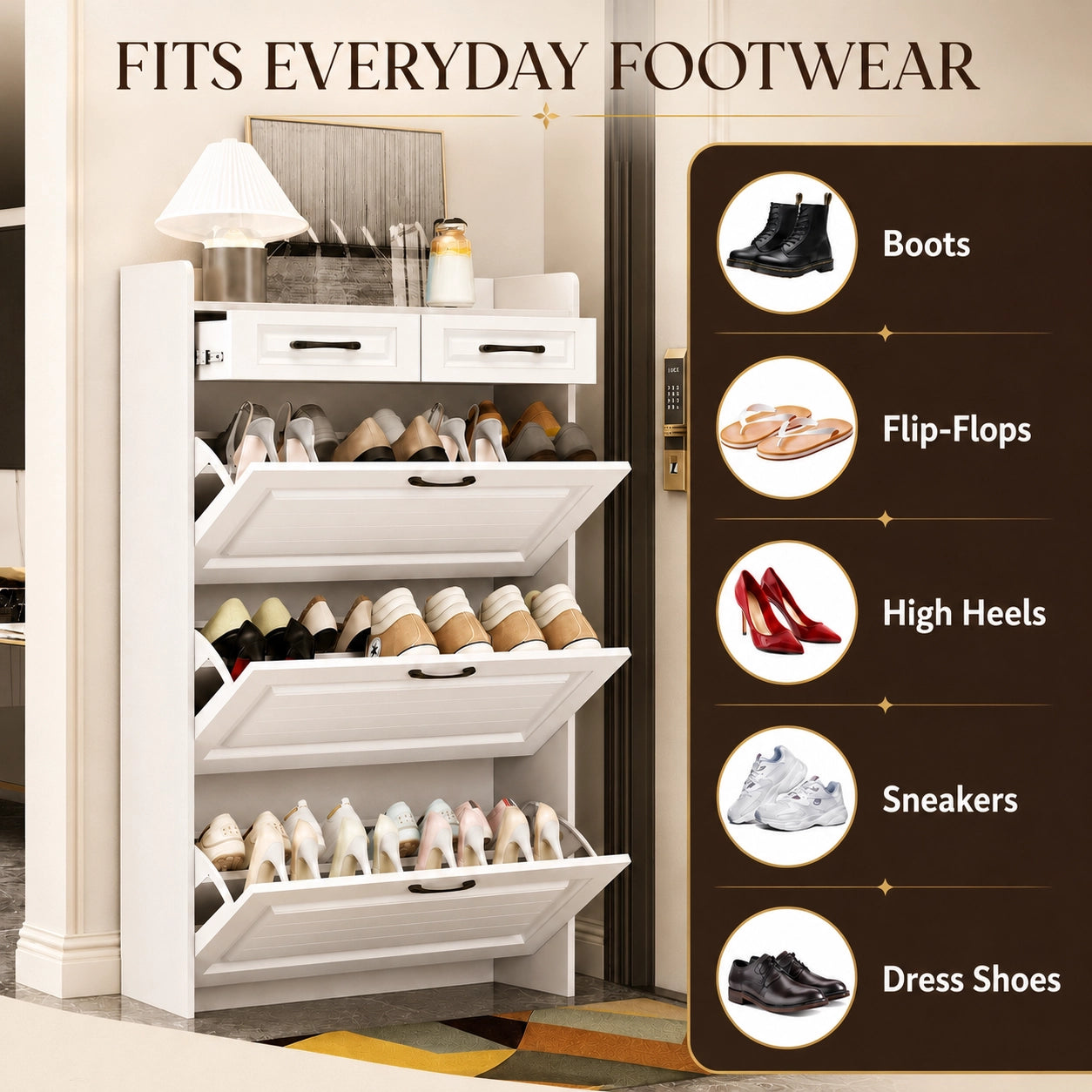 Shoe Storage Cabinet with 3 Large Flip-Down Drawers and 2 Storage Drawers