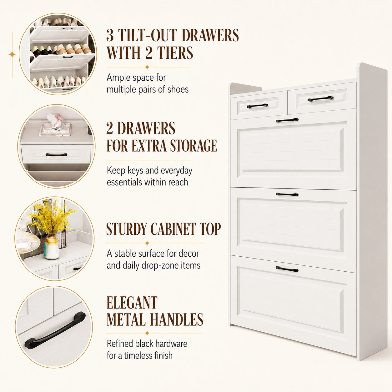 Shoe Storage Cabinet with 3 Large Flip-Down Drawers and 2 Storage Drawers