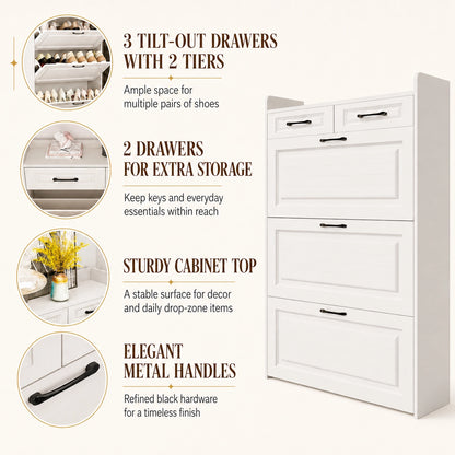 Shoe Storage Cabinet with 3 Large Flip-Down Drawers and 2 Storage Drawers