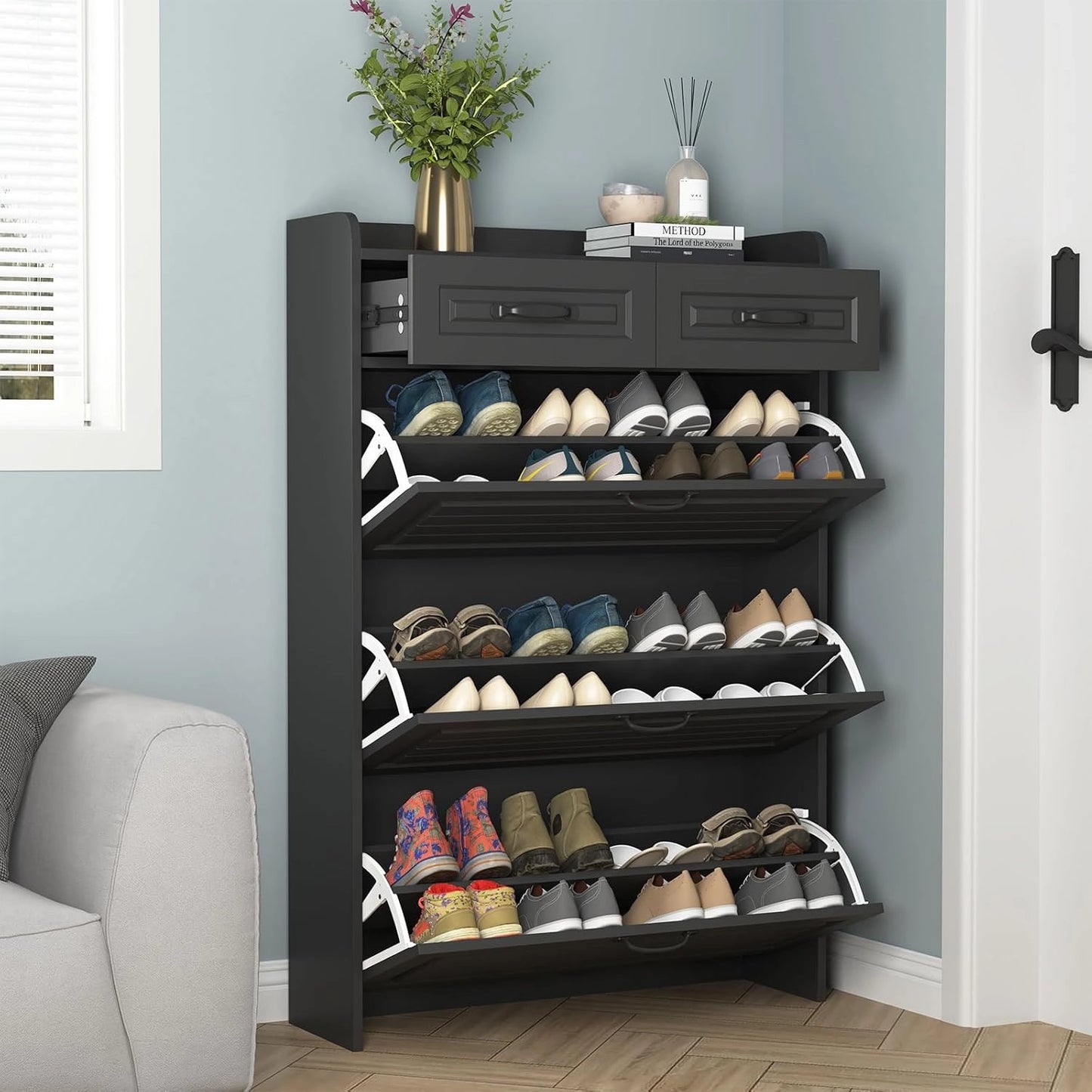 Shoe Storage Cabinet with 3 Large Flip-Down Drawers and 2 Storage Drawers
